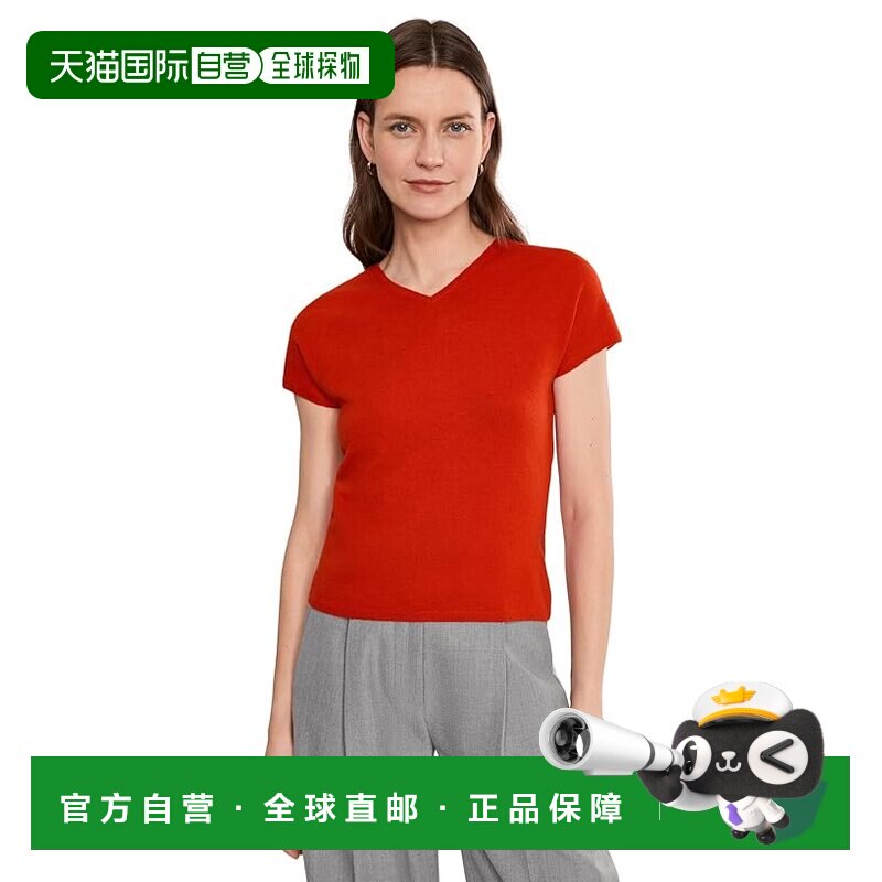 美国直邮VINCE 女士 高V领短袖毛衣 orange橙色 舒适时尚