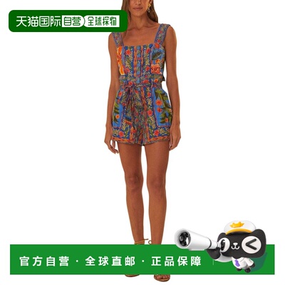 自营FARM Rio Stitched Garden Blue Linen-Blend Romper - blue