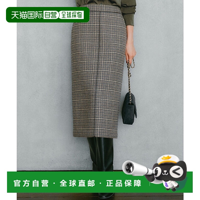 1h可退 日本直邮23区 女装 I线条 半裙 仿皮拼接 褐色格纹 SKWOGW