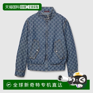 古馳 歐洲直郵Gucci 女士藍色棉雙G提花立領(lǐng)拉鏈夾克