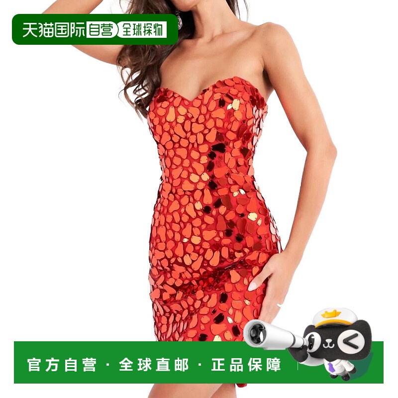 自营 jovani红色无肩带迷你舞会礼服 美国奥莱直发包臀裙