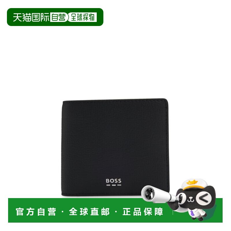 自营boss带有银色徽标和硬币袋的皮夹钱包-黑色 美国奥莱直发