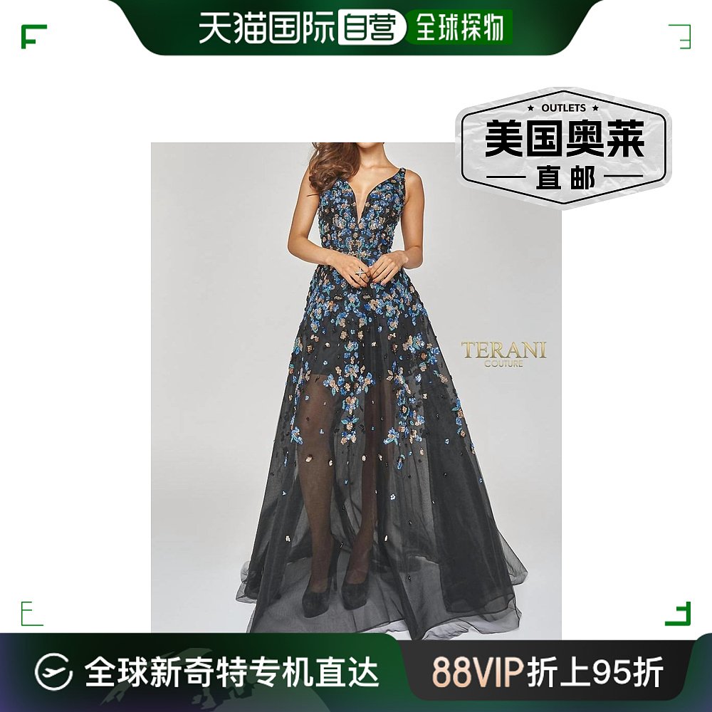 terani couture黑色深 V领亮片长礼服黑色【美国奥莱】直发