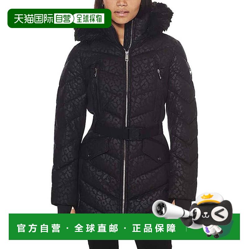 自营Michael Michael Kors 女士徽标豹纹系带连帽羽绒大衣 黑色动