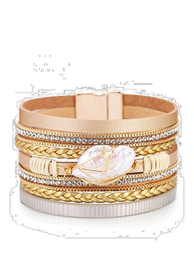 自营liv oliver18k 金多排香槟色皮革珍珠手链 - 金 美国奥莱直发