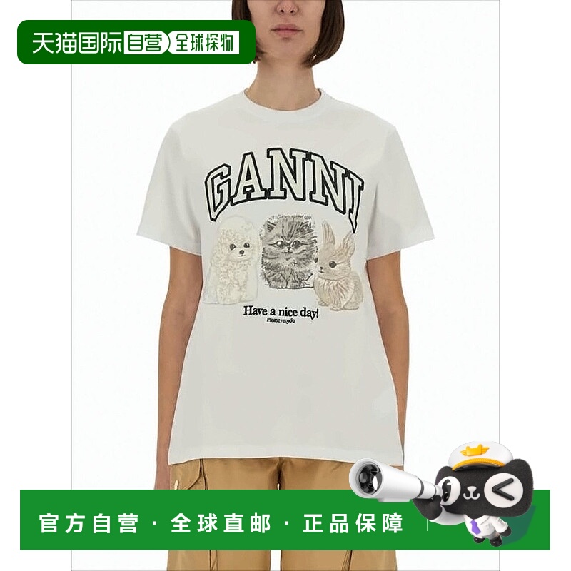 自营ganni短袖圆领T恤，带有顽皮动物印花-白色 美国奥莱直发