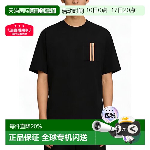 自营Burberry/博柏丽 男士棉质条纹印花胸袋短袖T恤圆领