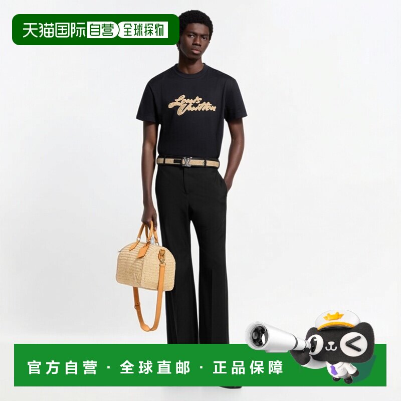 自营1h可退 欧洲直邮LV路易威登 男士黑色棉刺绣logo标识短袖T恤