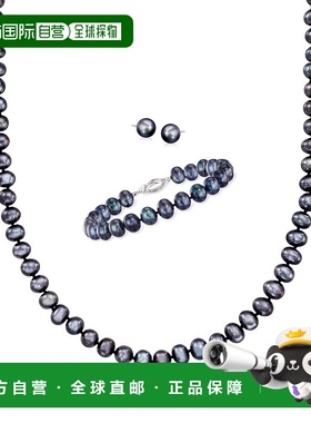 自营Ross-Simons 7-7.5 毫米黑色养珠首饰套装：纯银项链、手链和