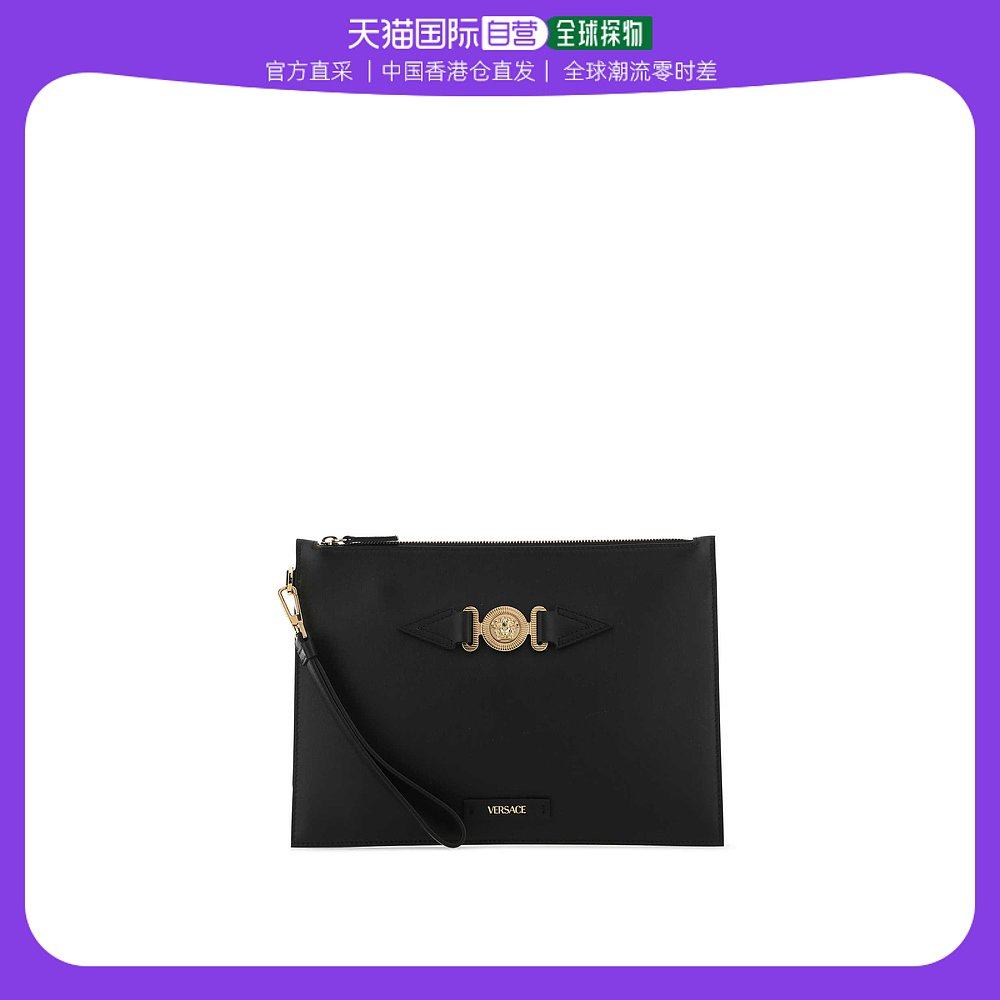 香港直邮潮奢 Versace 男士Medusa Biggie 黑色皮革手包