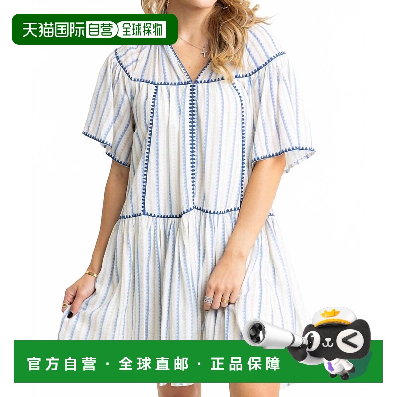自营karlieStripe Neutral Linen Tier Dress In Blue - blue 美