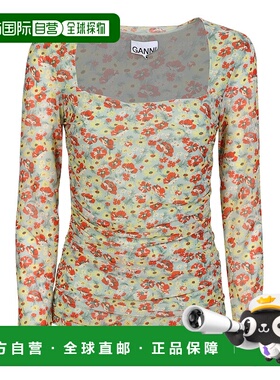 香港直邮GANNI 女士T恤 T3323382 AW2022 绿色 Blouse with ruche