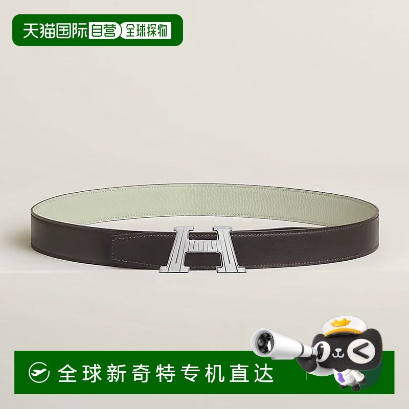 1h可退 欧洲直邮Hermes/爱马仕 男士乌木色/雪灰色小牛皮腰带32mm