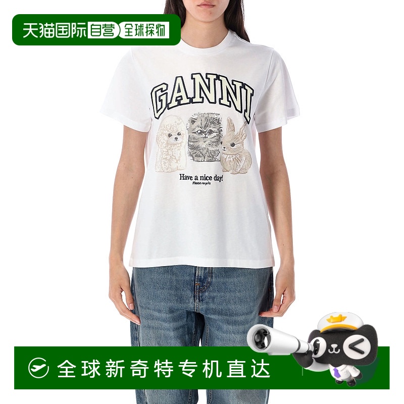 1h可退 香港直邮GANNI 甘尼 女士 动物纹T恤 T42373575 white白色