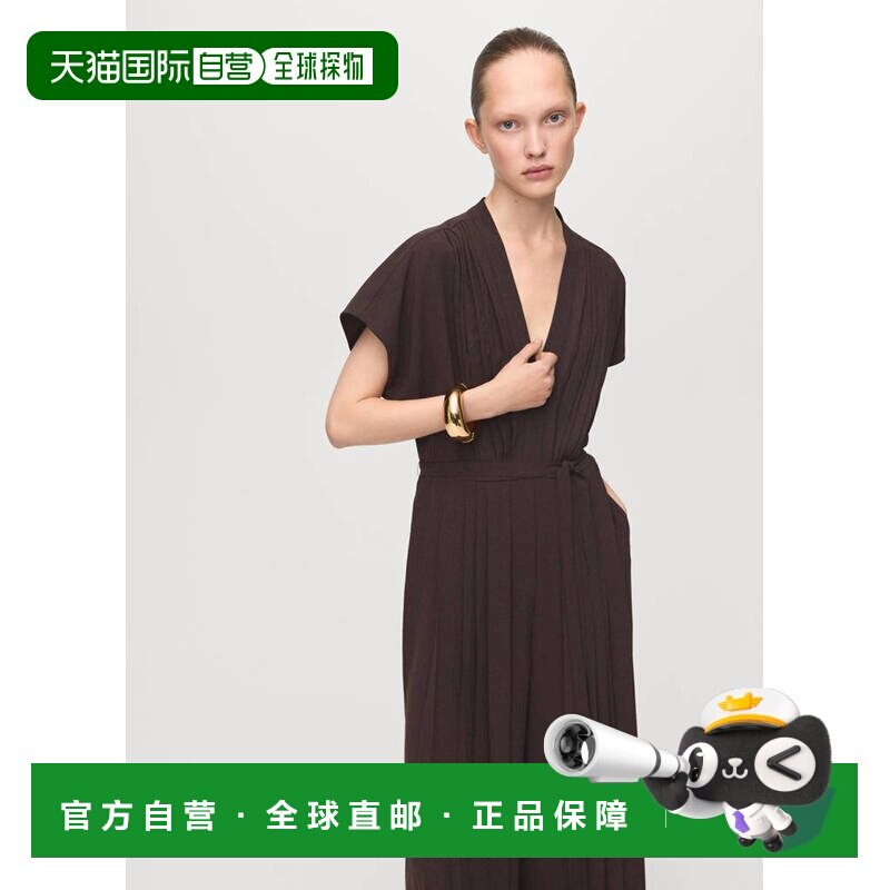 自营欧洲直邮MANGO 女士棕色聚酯纤维腰带褶皱连体裤