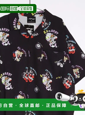 1h可退 日本直邮Ed Hardy 全印花半袖开领衬衫 附口袋 黑色基调