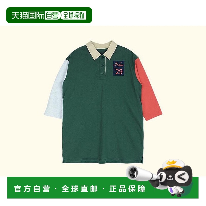 1h可退 日本直邮P:chees 儿童 袖拼色 胸前徽章 牛津领连衣裙 18-