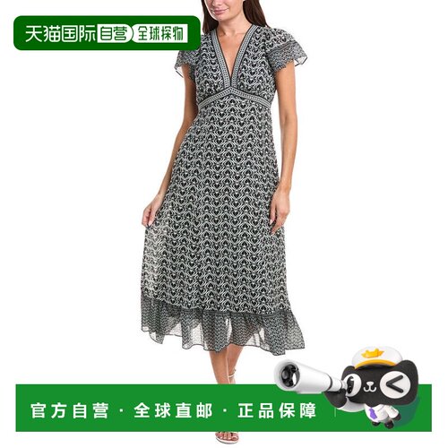 自营Max Studio V-Neck Ruffle Sleeve & Hem Midi Dress - white