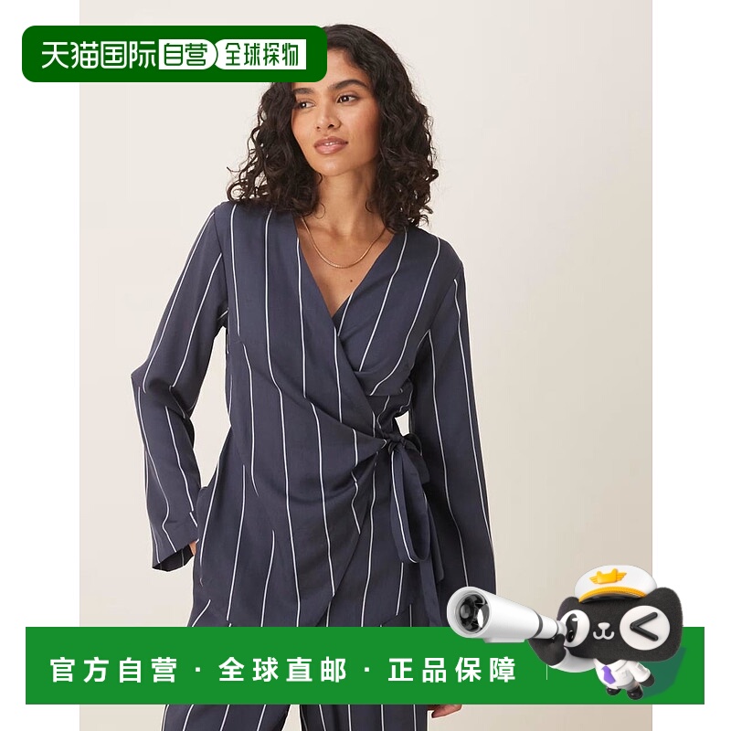 1h可退 香港直邮ASOS 女士 co-ord 设计前胸叠襟式条纹上衣(蓝色)
