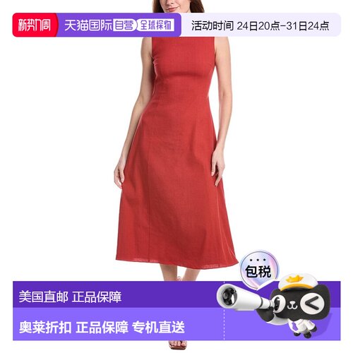 自营Theory无袖船领亚麻混纺连衣裙-红色 美国奥莱直发吊带