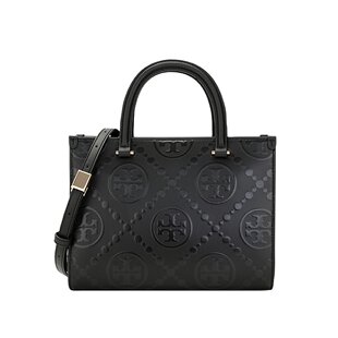 TORY BURCH 汤丽柏琦女士T MONOGRAM系列皮质LOGO压花托特包 黑色