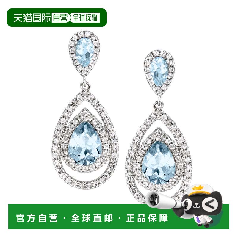 自营925 纯银 Ross-Simons 海蓝宝石和白色托帕石梨形吊式耳环 -