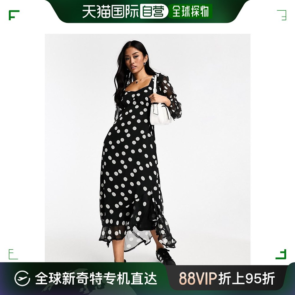 香港直邮潮奢 New Look纽洛克女士泡泡袖皱褶波尔卡圆点中长连