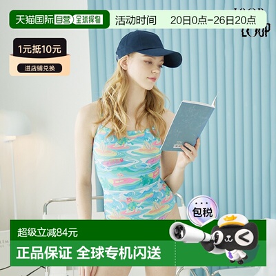 韩国直邮LOOPLOOP多巴胺海岛双绑带半高叉连体泳衣女度假显瘦复古