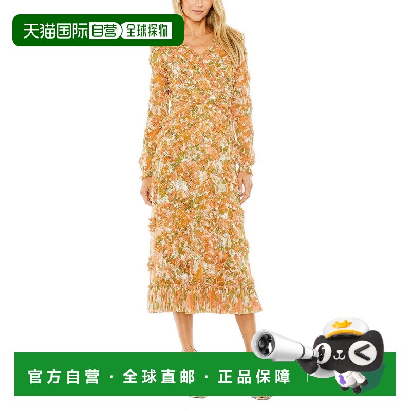 自营Mac Duggal低背花朵V领褶边连衣裙-橙色 美国奥莱直发