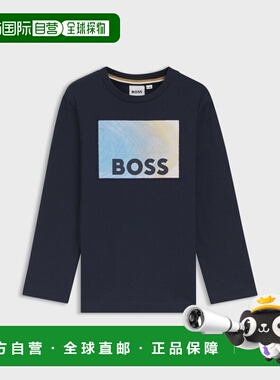 欧洲直邮Hugo Boss 4-14岁儿童深蓝色棉logo标识长袖T恤