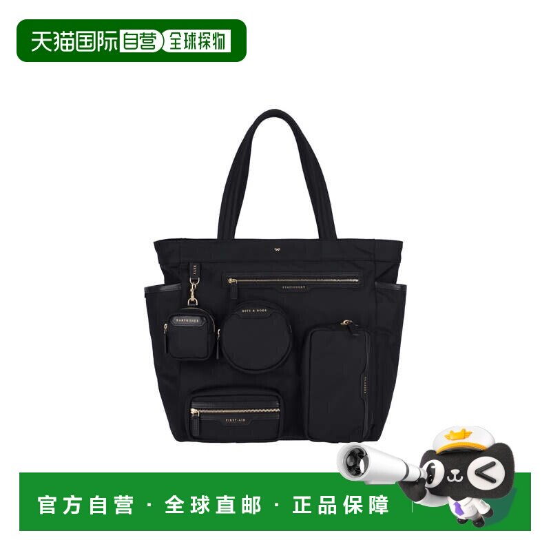 自营anya hindmarch黑色通勤多口袋尼龙手提包-黑色 美国奥莱直发