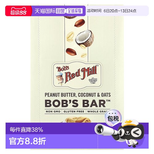 香港直邮Bob's Red Mill,Bob's Bar™，花生酱、椰子和燕麦，12 根