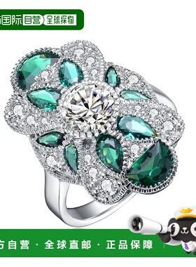 自营 GENEVIVE 纯银翡翠立方氧化锆花卉鸡尾酒戒指 - 绿色 美国奥