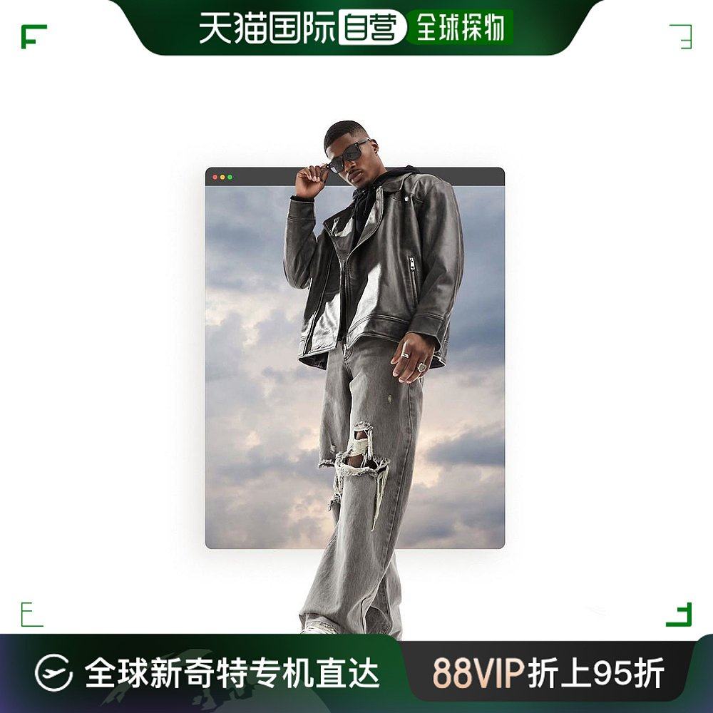 香港直邮潮奢 asos 男士设计宽松款磨破真皮水洗黑色骑士夹克