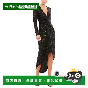 美国奥莱直发 黑色 自营Mac Duggal亮片高低腰扭曲Midi连衣裙