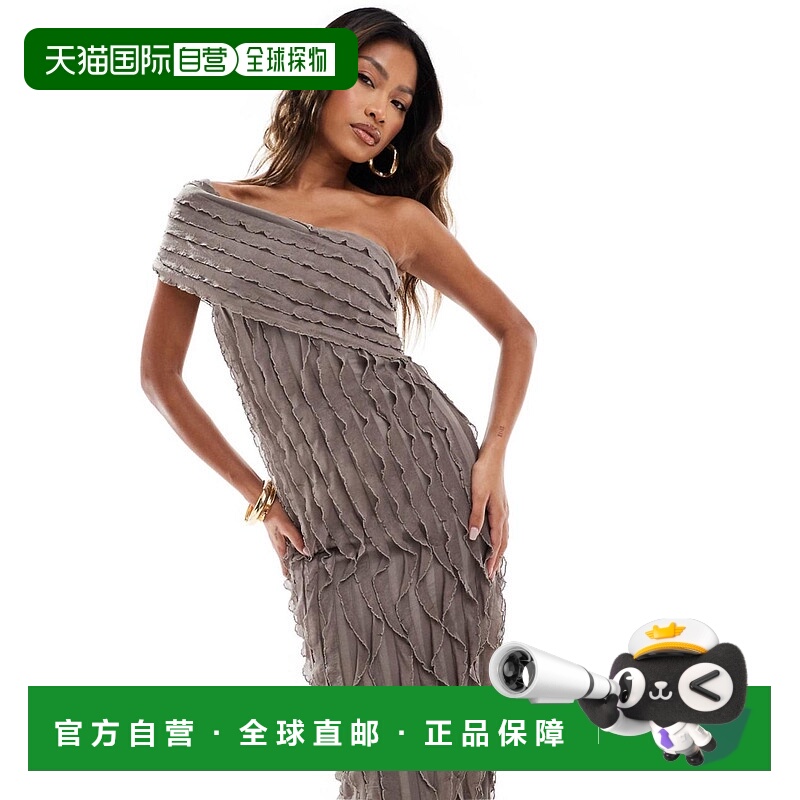 1h可退 香港直邮ASOS 女士 设计织纹单肩剪口棕色长款连衣裙