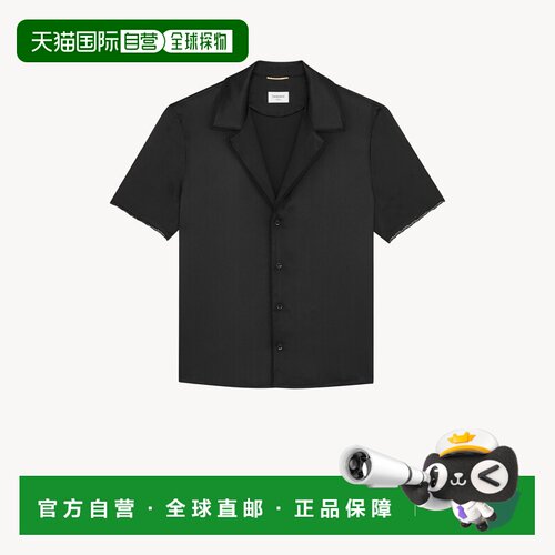 自营欧洲直邮YSL圣罗兰 女士黑色丝质蕾丝边性感短袖睡衣上衣