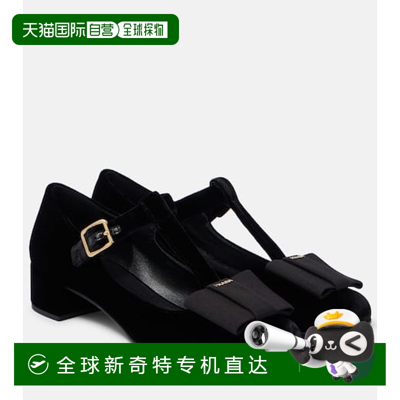 1h可退 香港直邮Prada 普拉达 女士 蝴蝶结天鹅绒玛丽珍平底鞋