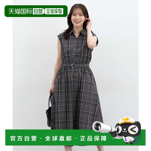 日本直邮Honeys 格纹无袖长款连衣裙大码通勤修身A字船领女装灰色