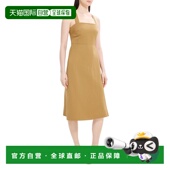 自营 美国奥莱直发 棕褐色 Theory 交叉背亚麻混纺中长连衣裙