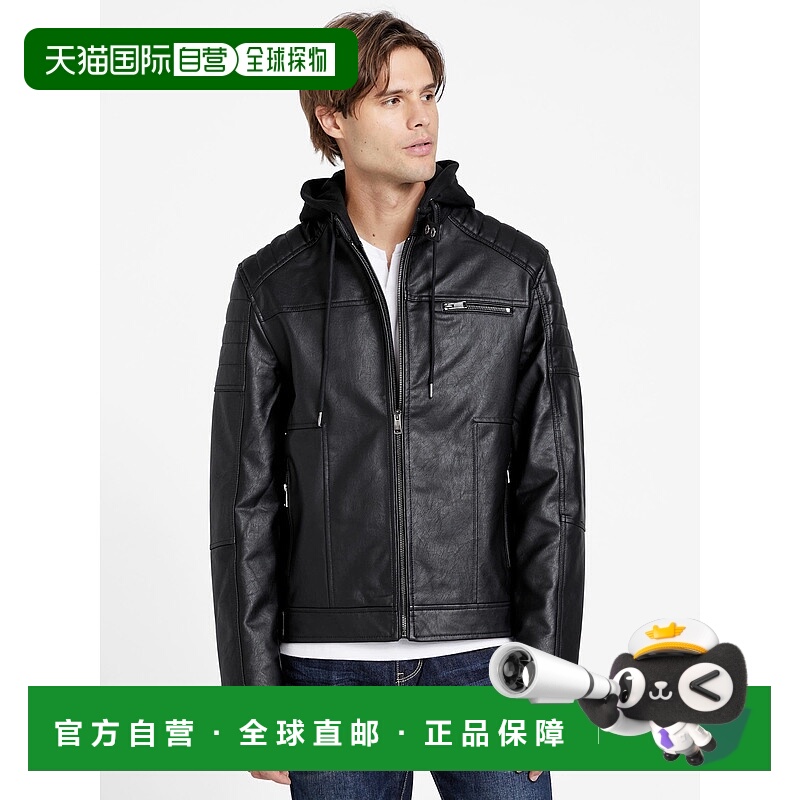 自营guessDavino 仿皮连帽摩托夹克 - 黑色 美国奥莱直发男装