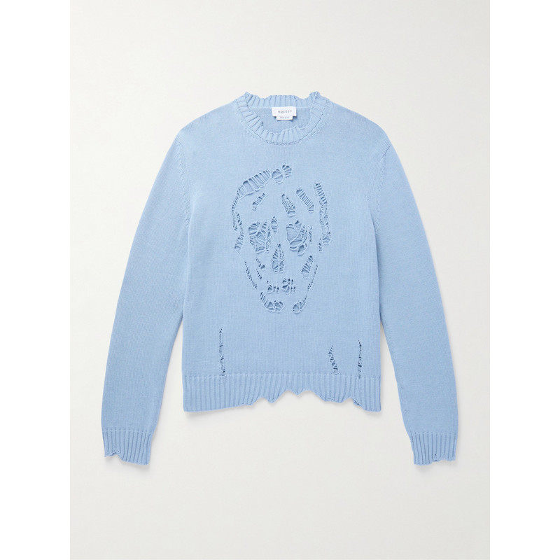 mcqueen 亚历山大·麦昆 男士 蓝色破洞骷髅毛衣 807272Q1BA6