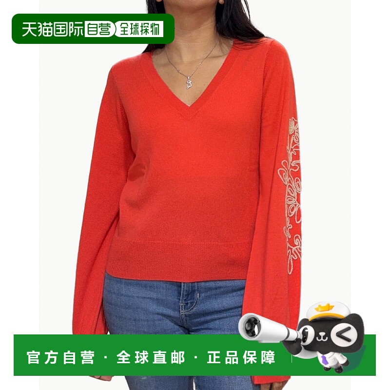 自营autumn cashmerePuff Sleeve V Sweater With Contrast Embro