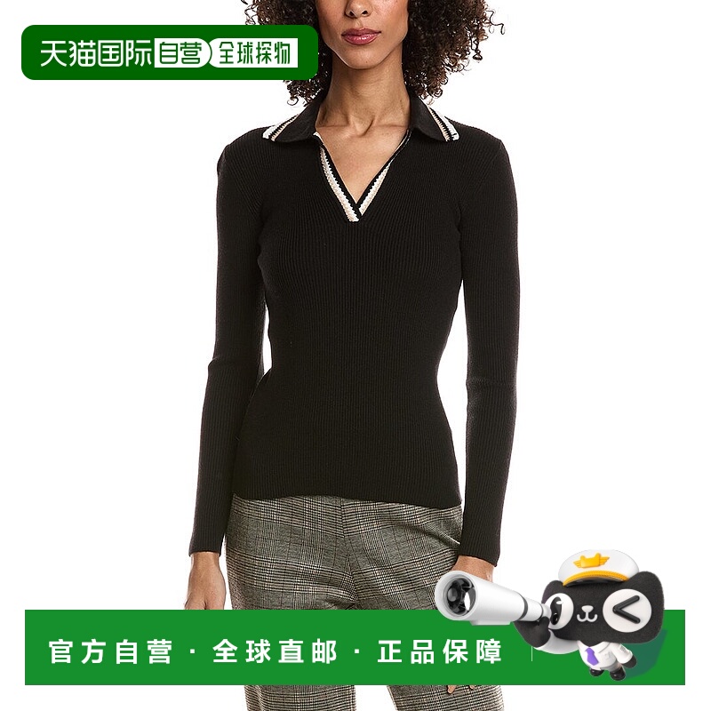 自营T Tahari Collar Rib Polo Sweater - black 美国奥莱直发
