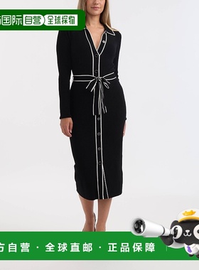 自营Ellen Tracy女式纽扣前襟长款连衣裙，撞色尖头-黑色 美国奥