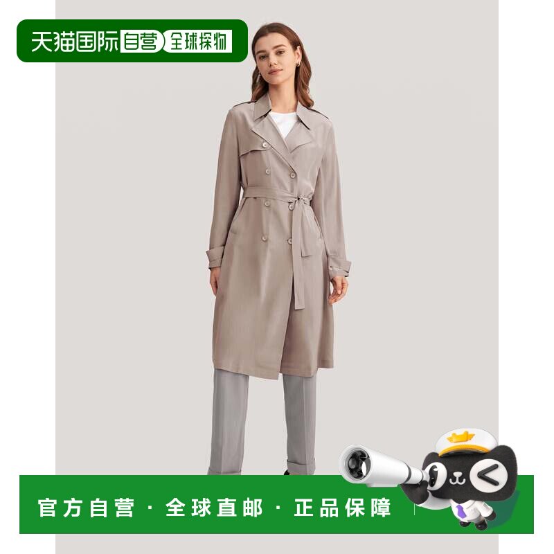 自营lilysilk经典女士双排扣真丝风衣 - 灰色 美国奥莱直发