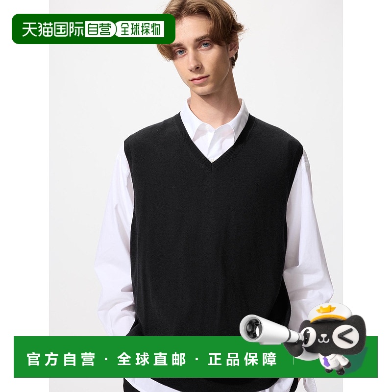 日潮跑腿UNIQLO优衣库 美利奴羊毛V领背心 09 BLACK MEN XS 48104