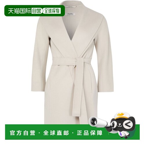 自营欧洲直邮S MAX MARA Messi女士象牙白羊毛及膝长款无领系带大