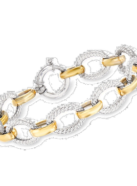 Ross-Simons 纯银和 18kt 金扭纹椭圆链手链 - 8 英寸 【美国奥莱