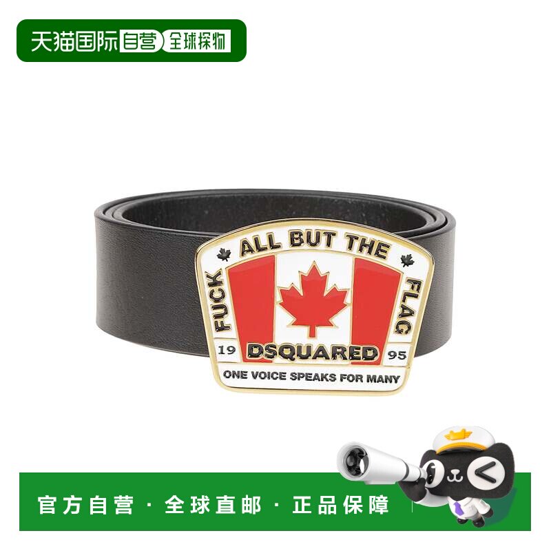 自营dsquared2加拿大国旗饰牌矩形带扣小牛皮腰带-黑色 美国奥莱图片